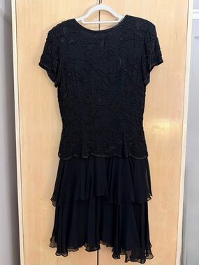 Morgan Taylor Black Beaded Tiered Midi Dress